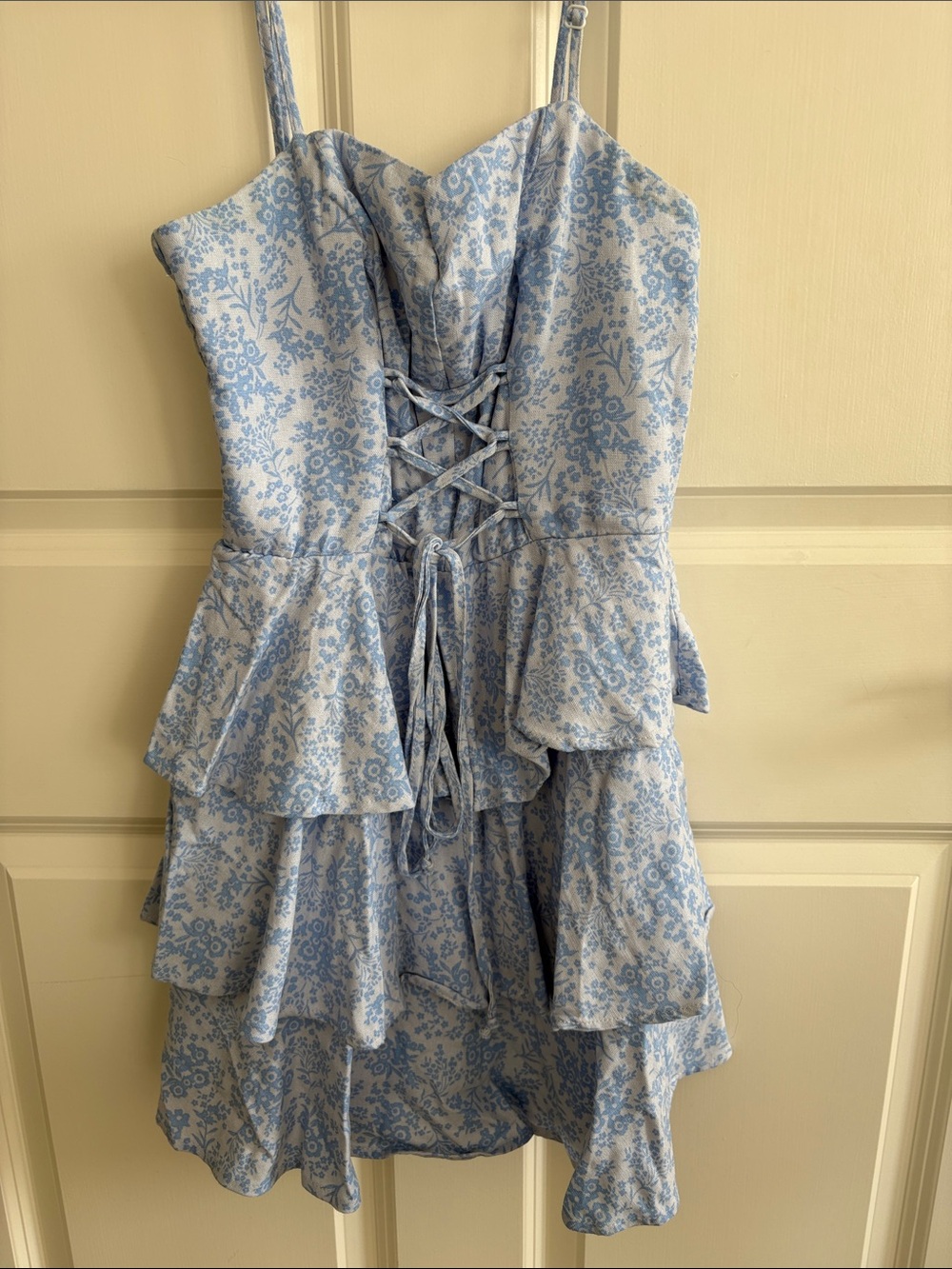 Altar'd State Light Blue Floral Lace-Up Tiered Mini Dress